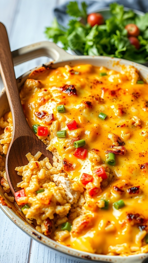 Cheesy chicken and rice casserole with mixed vegetables, served in a rustic dish.